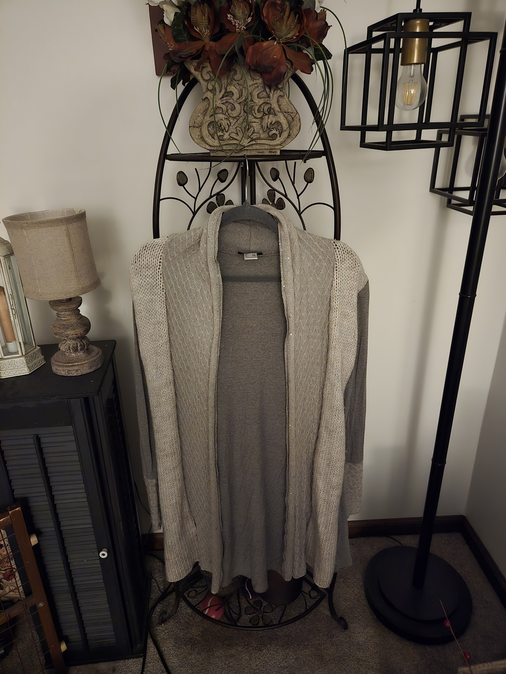 Women's Open-Front Gray Knit Cardigan with Textured Panels